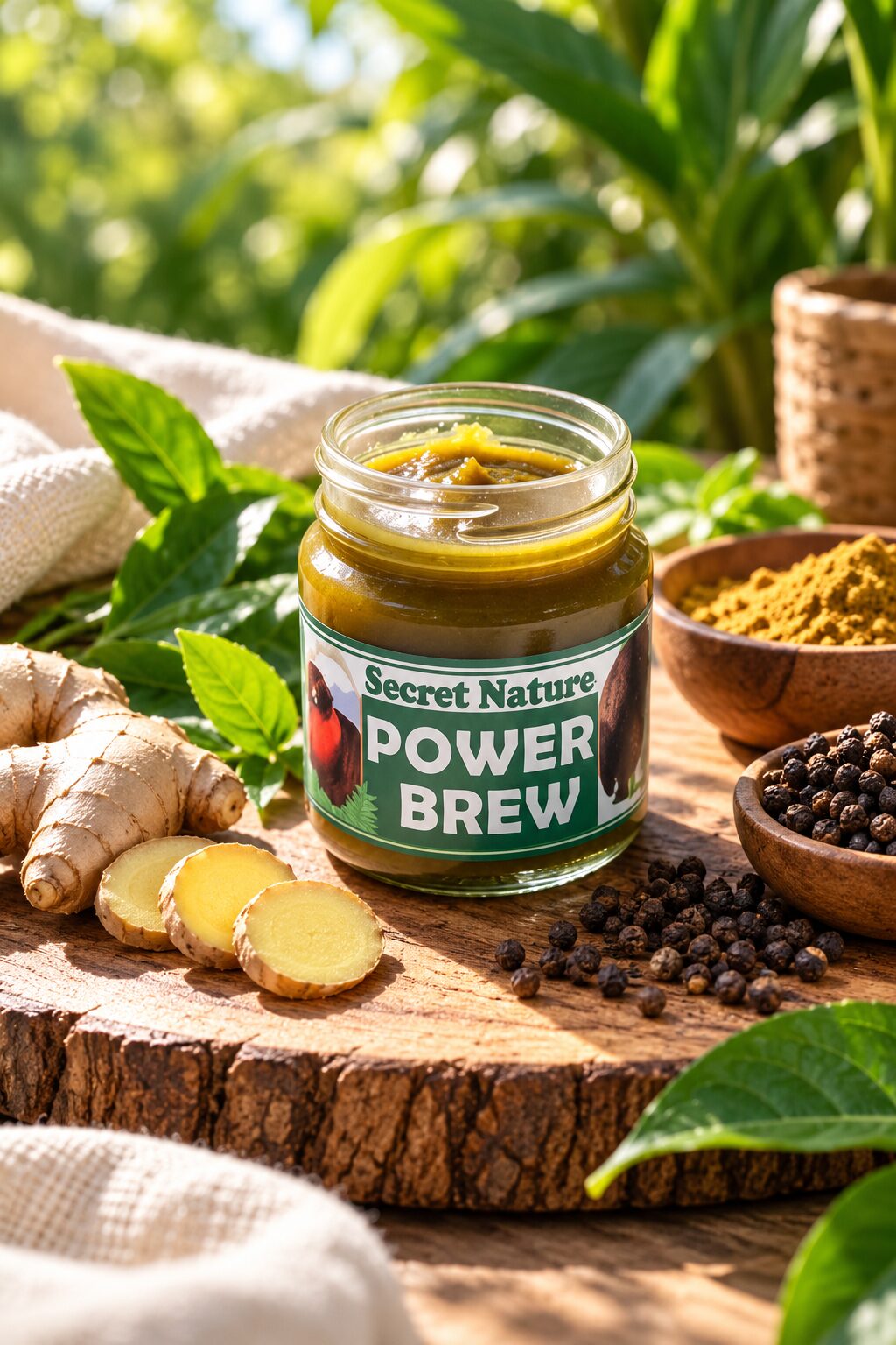 Pot Power Brew Secret Nature entouré de gingembre, poivre et plantes naturelles